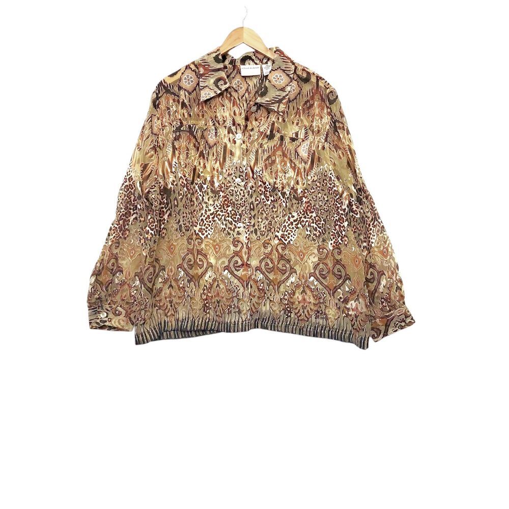 Alfred Dunner‎ Button Up Shirt Brown Sheer Artsy Animal Print Long Sleeve Sz 20W